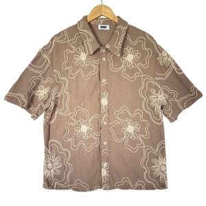 KROST Havana Floral Embroidered Shirt Linen Blend Short Sleeve Button Up Mens XL